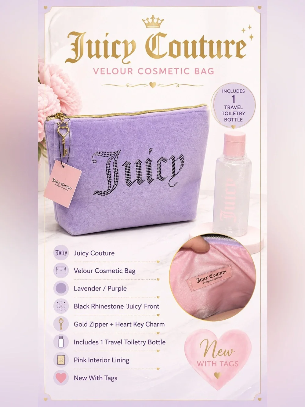 Juicy Couture Lavender Velour Rhinestone Makeup Bag + Travel Bottle NWT